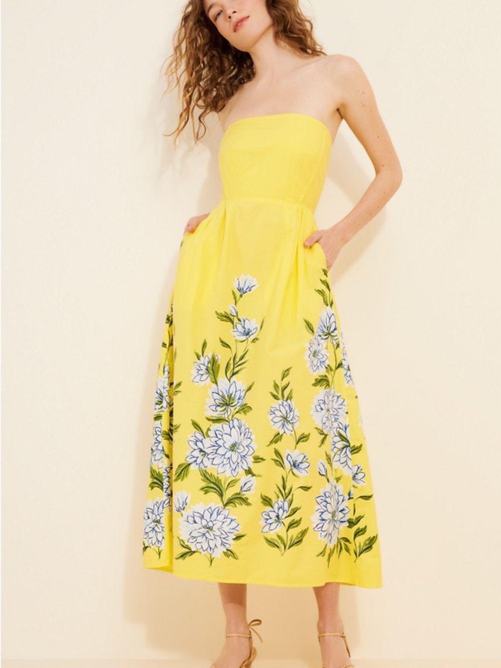 Banjanan Yellow Strapless Floral Midi Dress
